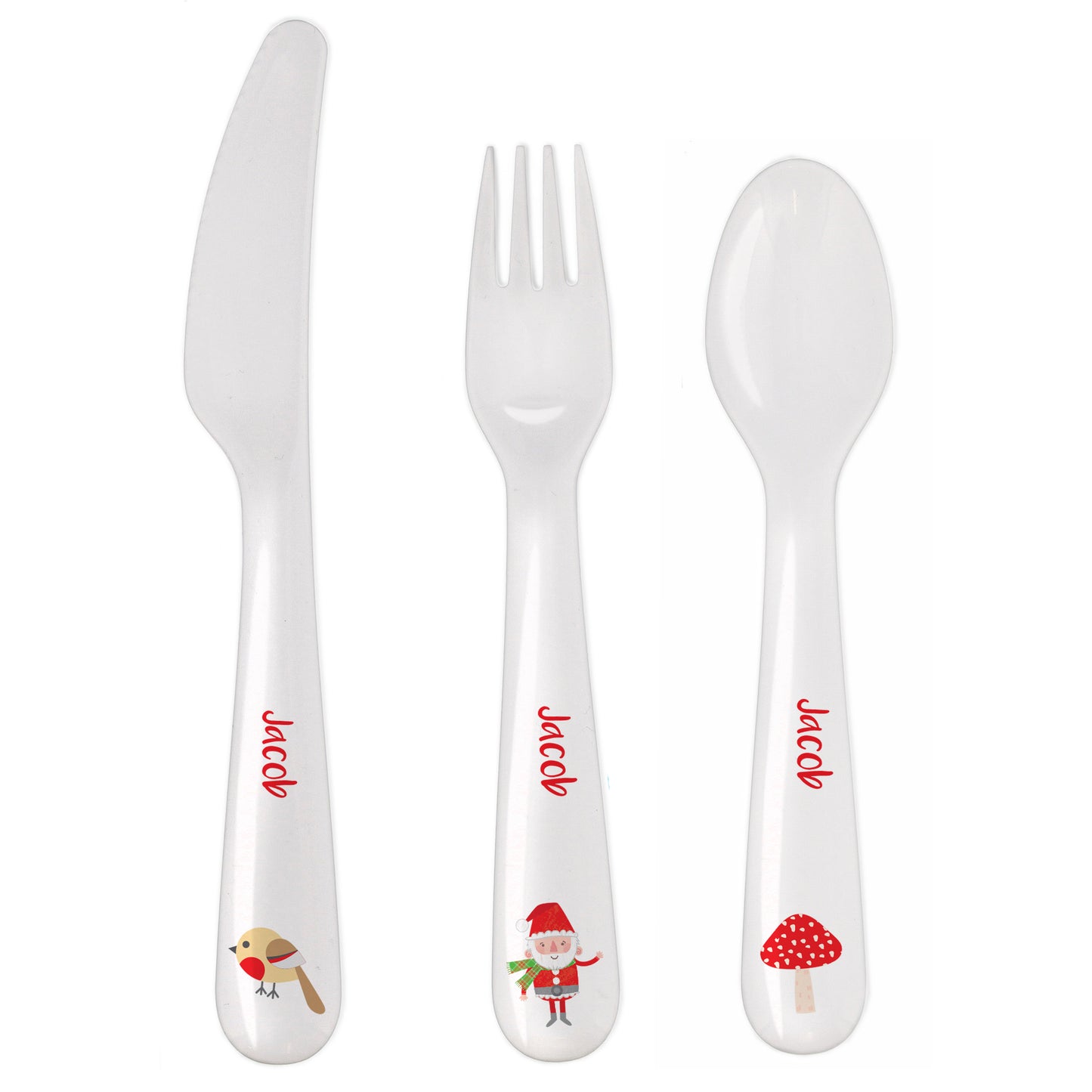 Personalised Christmas Toadstool Santa 3 Piece Plastic Cutlery Set - MK&JD Gifts