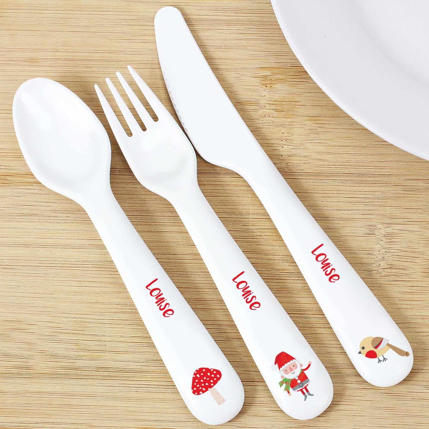 Personalised Christmas Toadstool Santa 3 Piece Plastic Cutlery Set - MK&JD Gifts