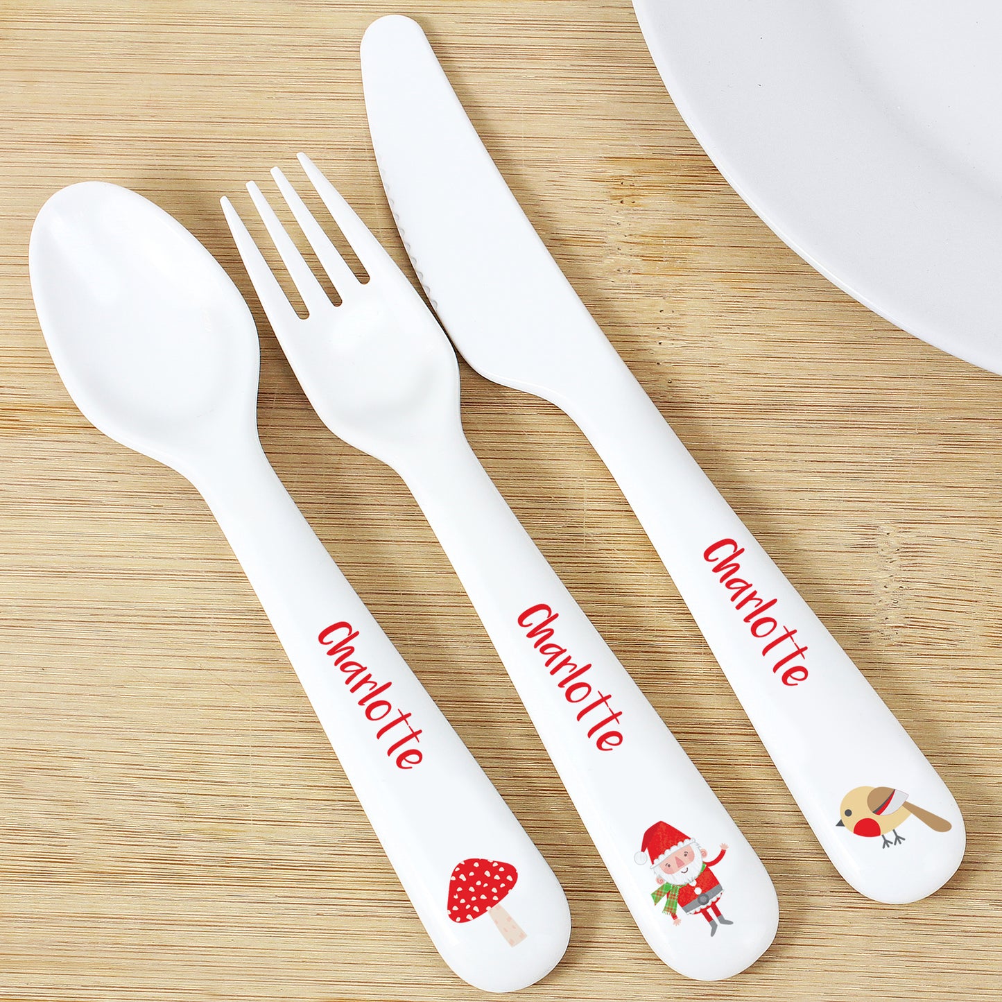 Personalised Christmas Toadstool Santa 3 Piece Plastic Cutlery Set - MK&JD Gifts