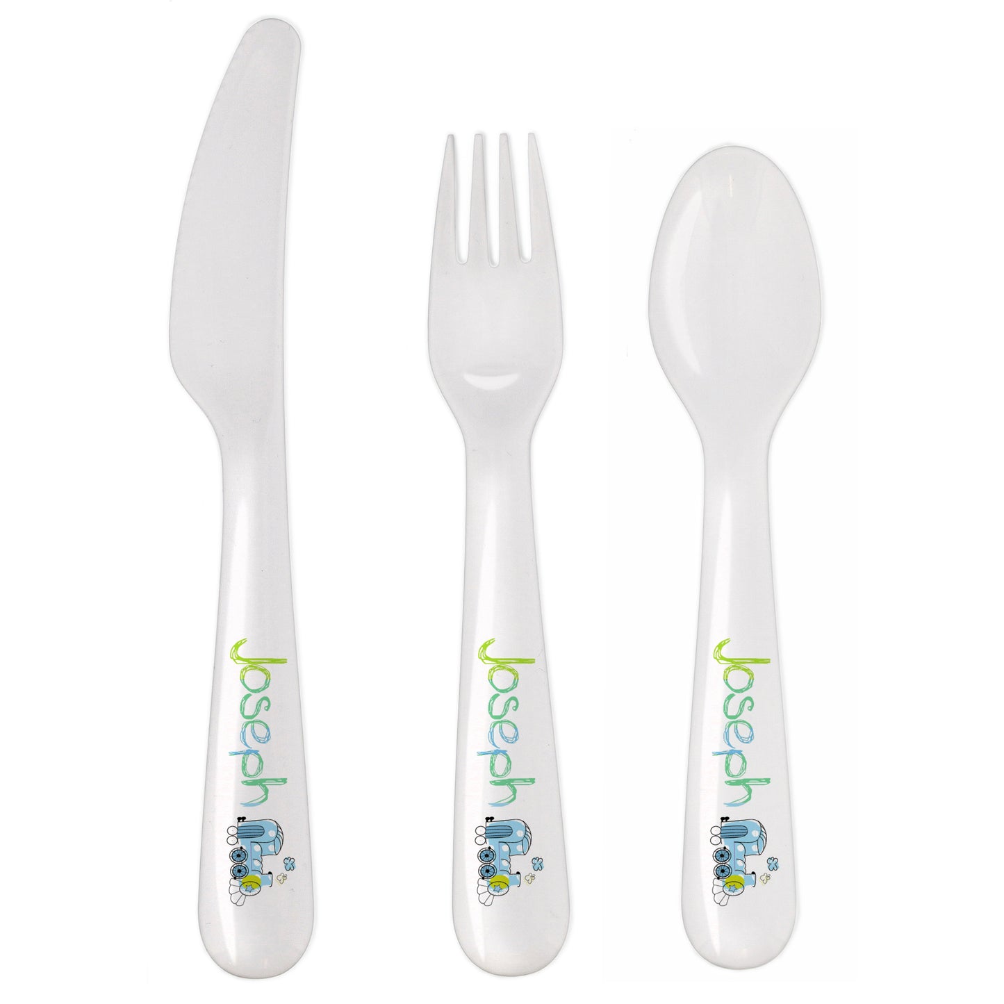 Personalised Patchwork Train 3 Piece Plastic Cutlery Set - MK&JD Gifts