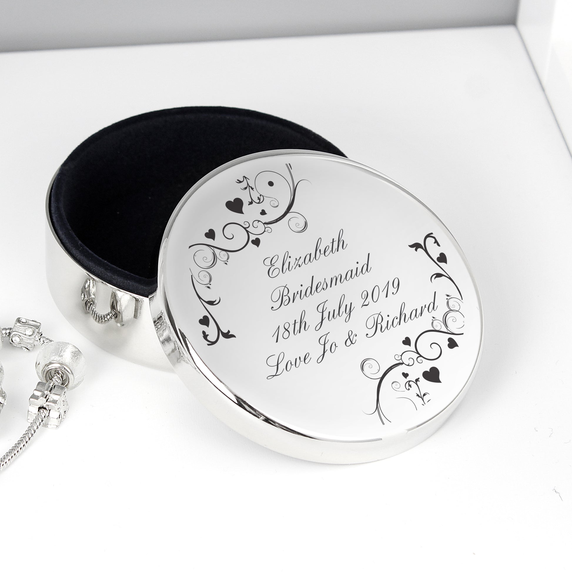 Personalised Black Swirl Round Trinket Box - MK&JD Gifts