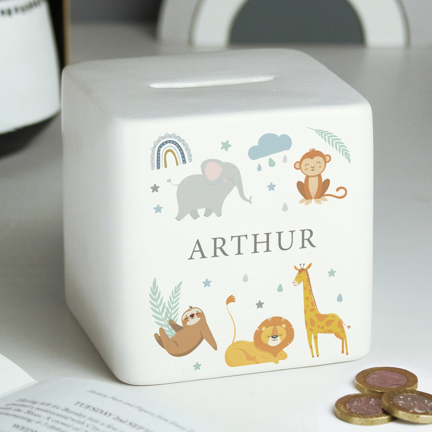 Personalised Safari Animals Ceramic Square Money Box - MK&JD Gifts