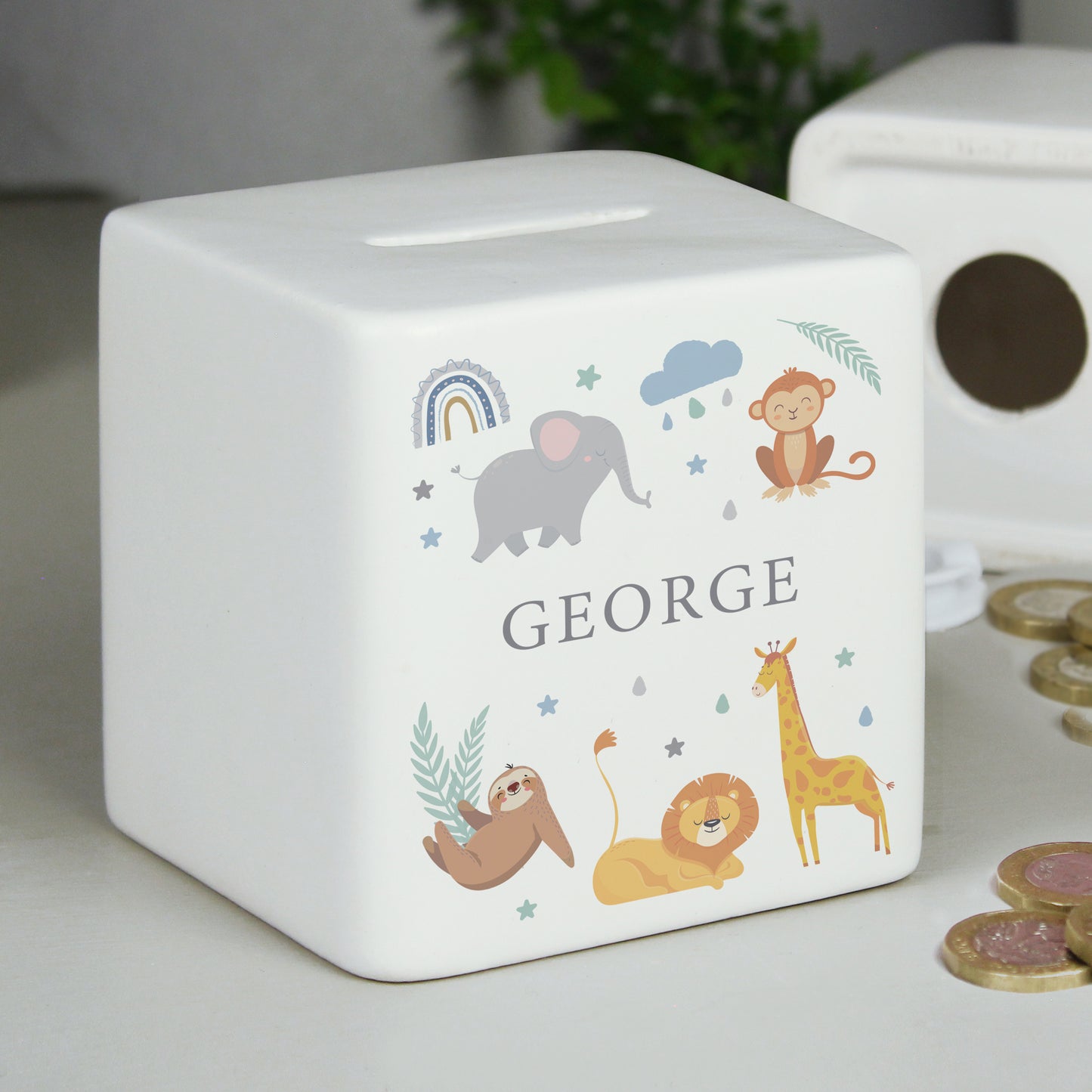 Personalised Safari Animals Ceramic Square Money Box - MK&JD Gifts
