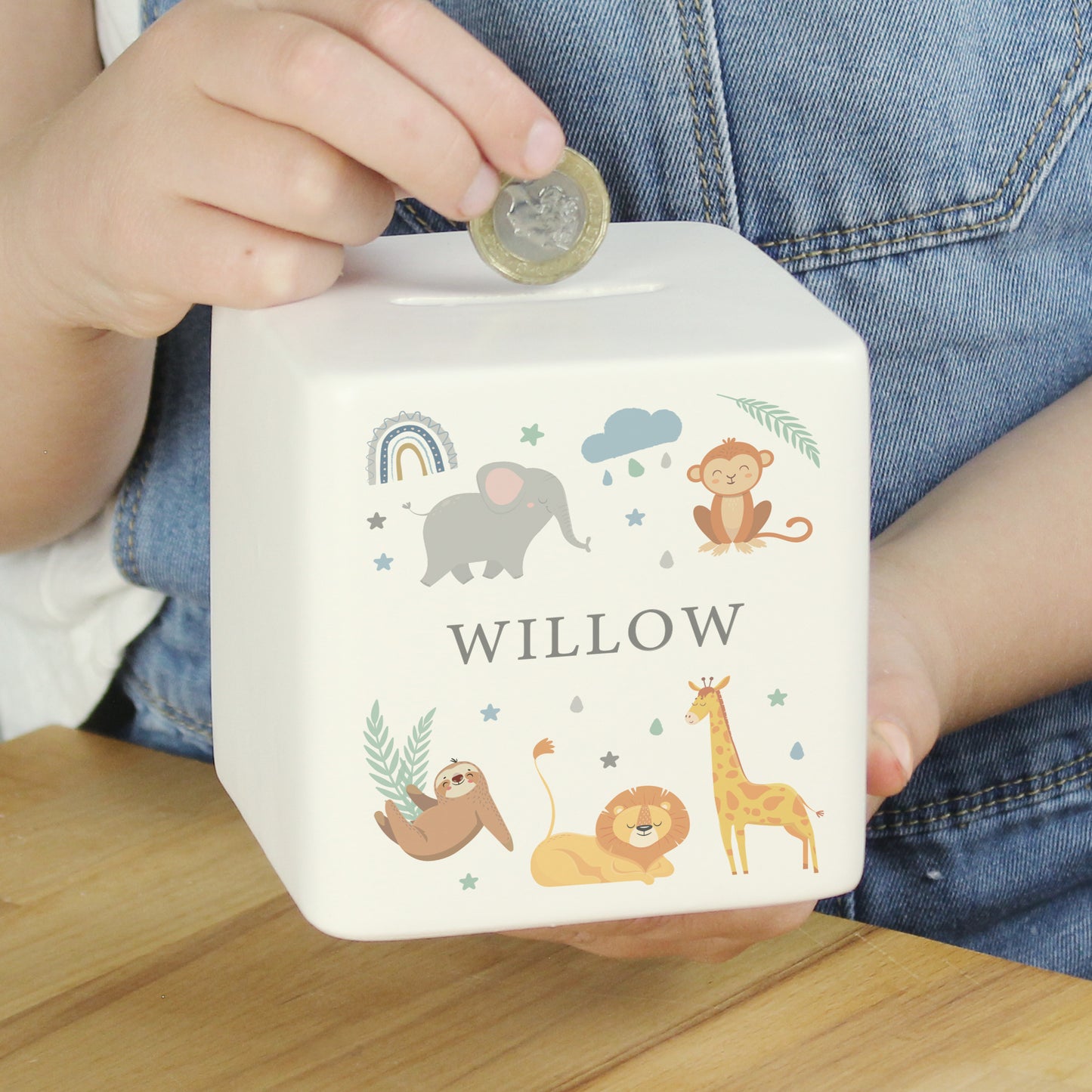 Personalised Safari Animals Ceramic Square Money Box - MK&JD Gifts