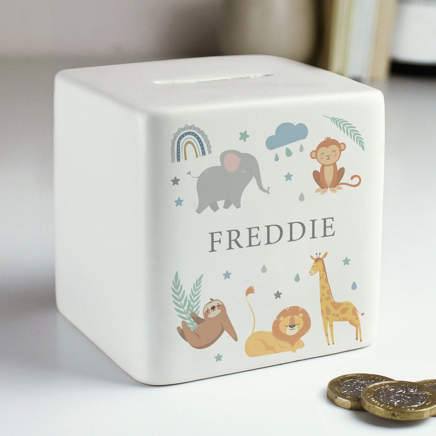 Personalised Safari Animals Ceramic Square Money Box - MK&JD Gifts