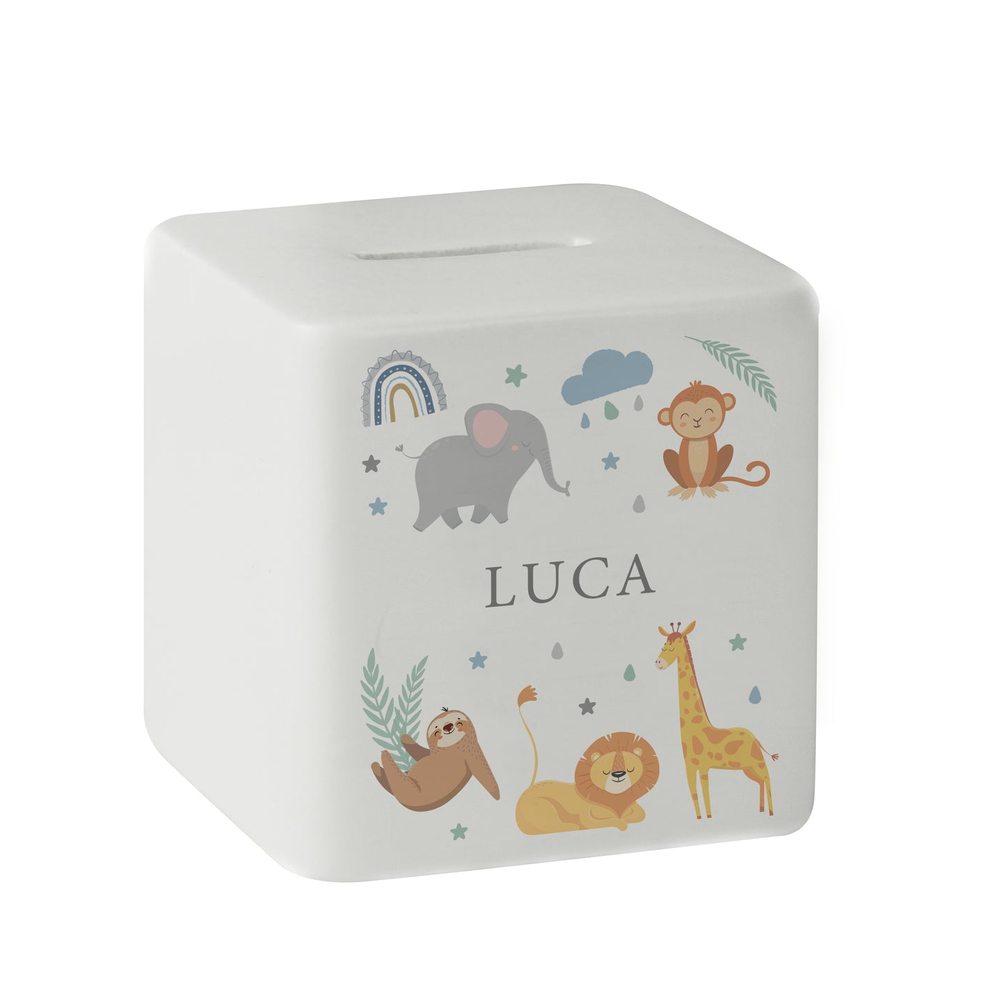 Personalised Safari Animals Ceramic Square Money Box - MK&JD Gifts