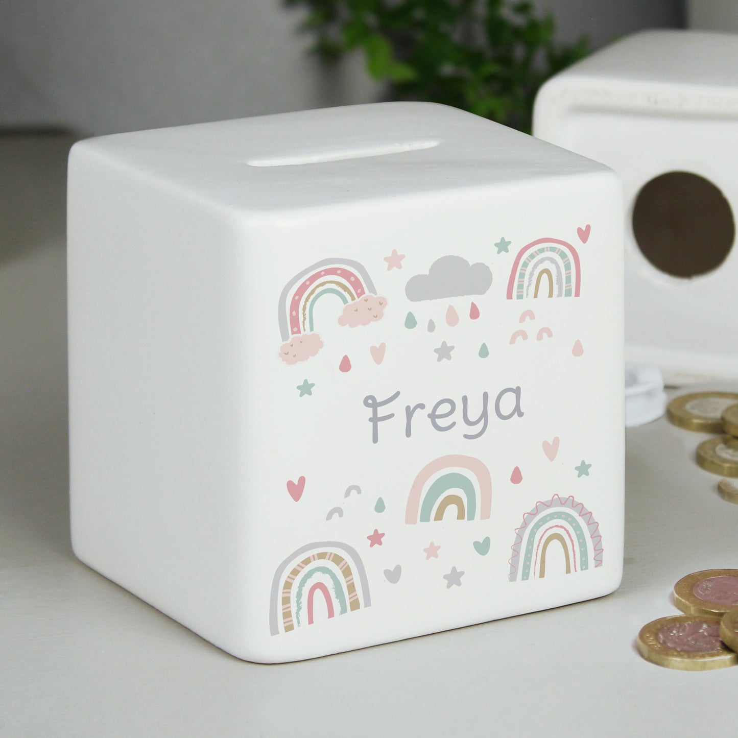Personalised Rainbow Ceramic Square Money Box - MK&JD Gifts