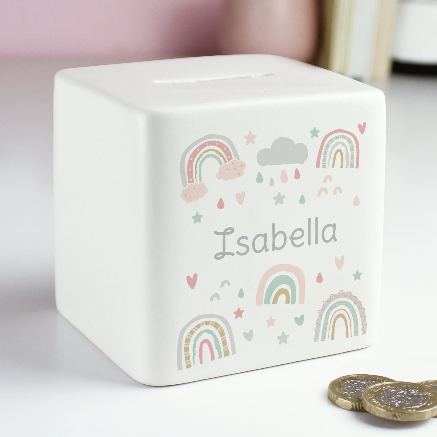 Personalised Rainbow Ceramic Square Money Box - MK&JD Gifts