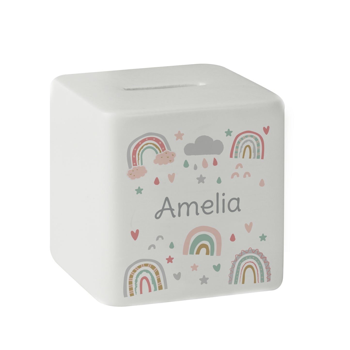 Personalised Rainbow Ceramic Square Money Box - MK&JD Gifts
