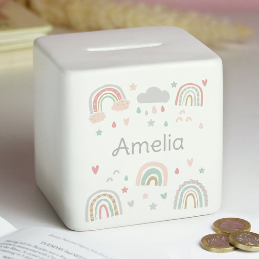 Personalised Rainbow Ceramic Square Money Box - MK&JD Gifts