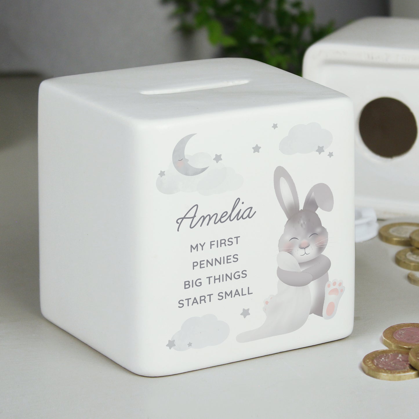 Personalised Baby Bunny Ceramic Square Money Box - MK&JD Gifts