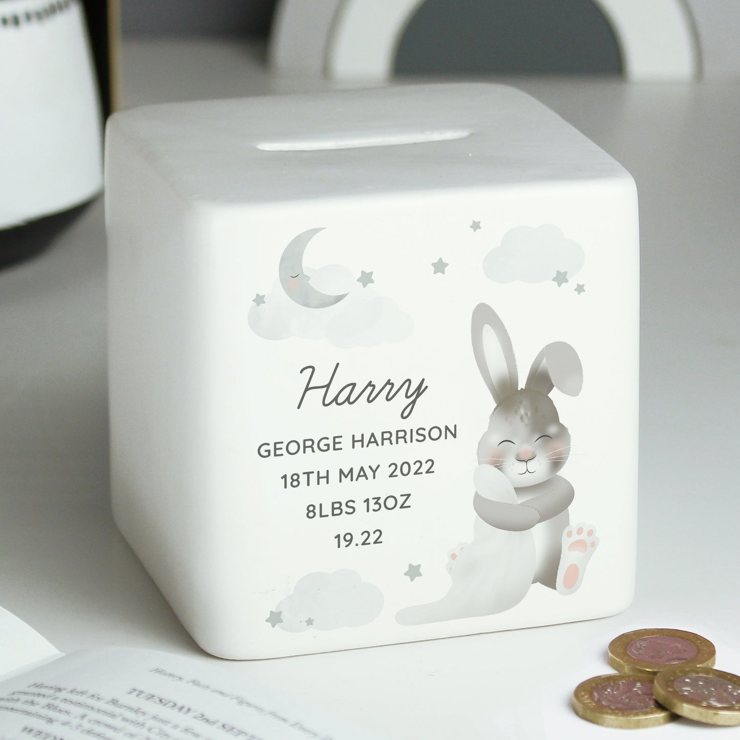 Personalised Baby Bunny Ceramic Square Money Box - MK&JD Gifts