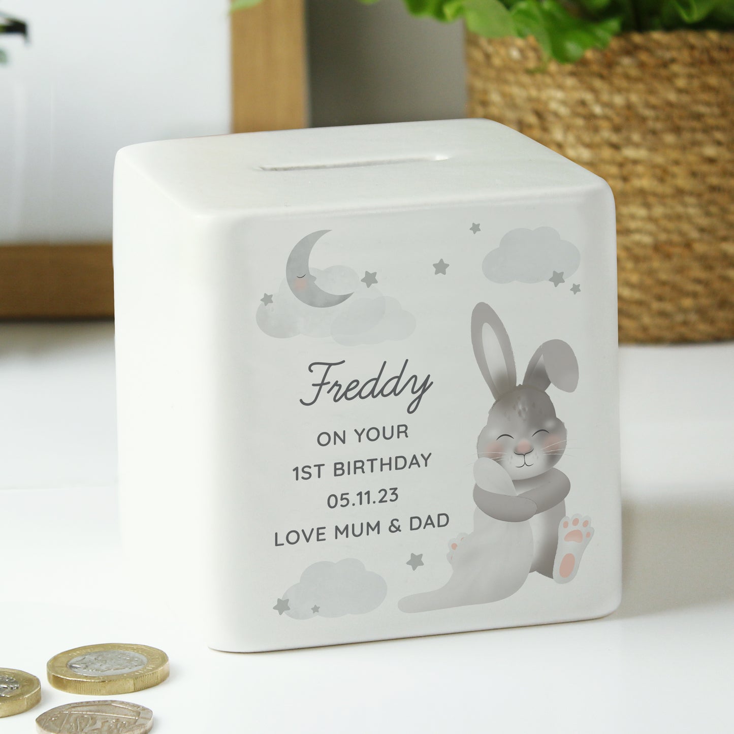 Personalised Baby Bunny Ceramic Square Money Box - MK&JD Gifts