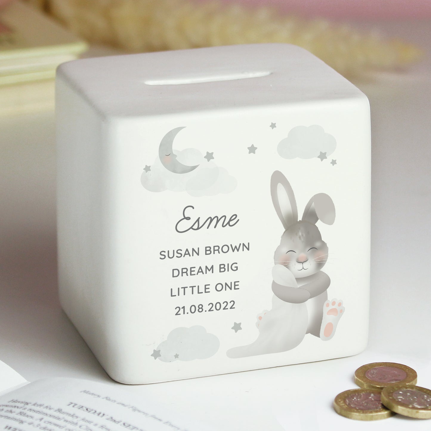 Personalised Baby Bunny Ceramic Square Money Box - MK&JD Gifts