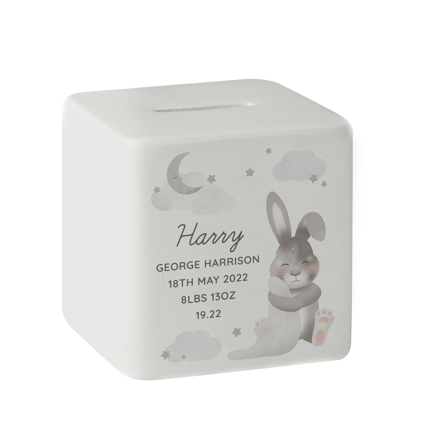 Personalised Baby Bunny Ceramic Square Money Box - MK&JD Gifts