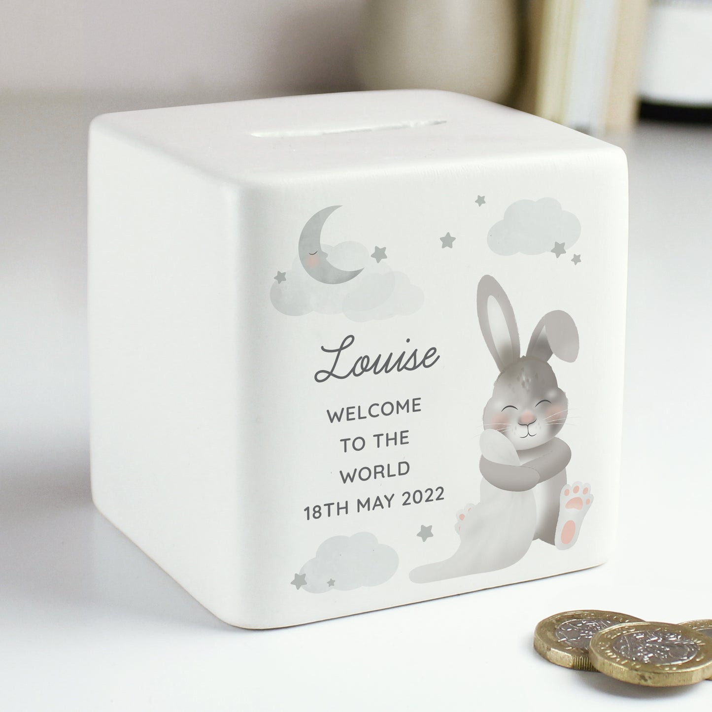 Personalised Baby Bunny Ceramic Square Money Box - MK&JD Gifts