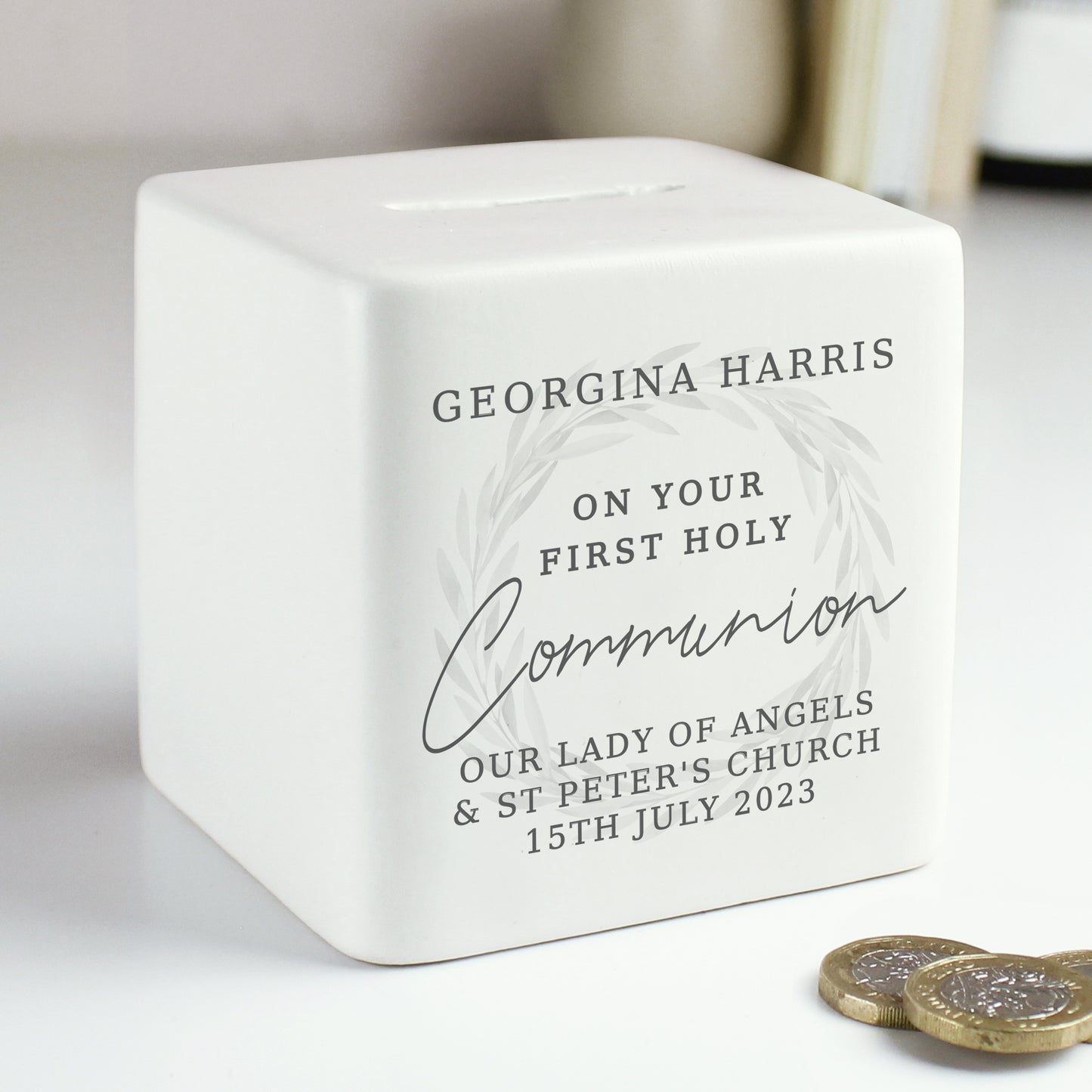 Personalised First Holy Communion Ceramic Square Money Box - MK&JD Gifts