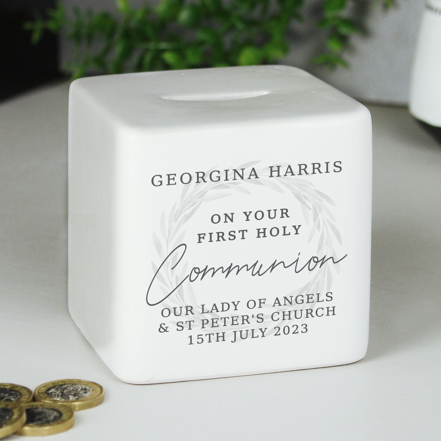 Personalised First Holy Communion Ceramic Square Money Box - MK&JD Gifts