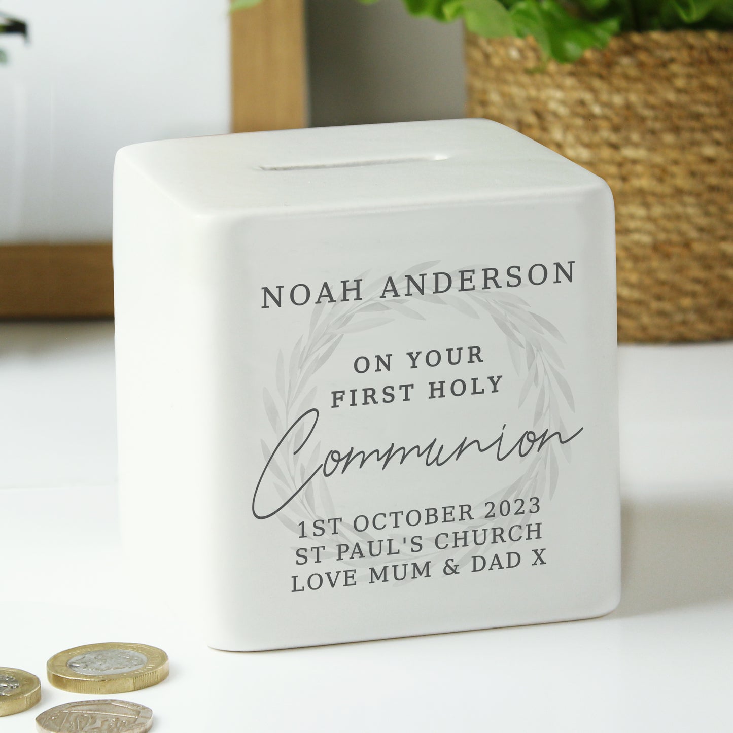 Personalised First Holy Communion Ceramic Square Money Box - MK&JD Gifts