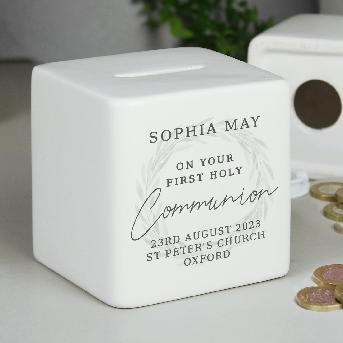 Personalised First Holy Communion Ceramic Square Money Box - MK&JD Gifts