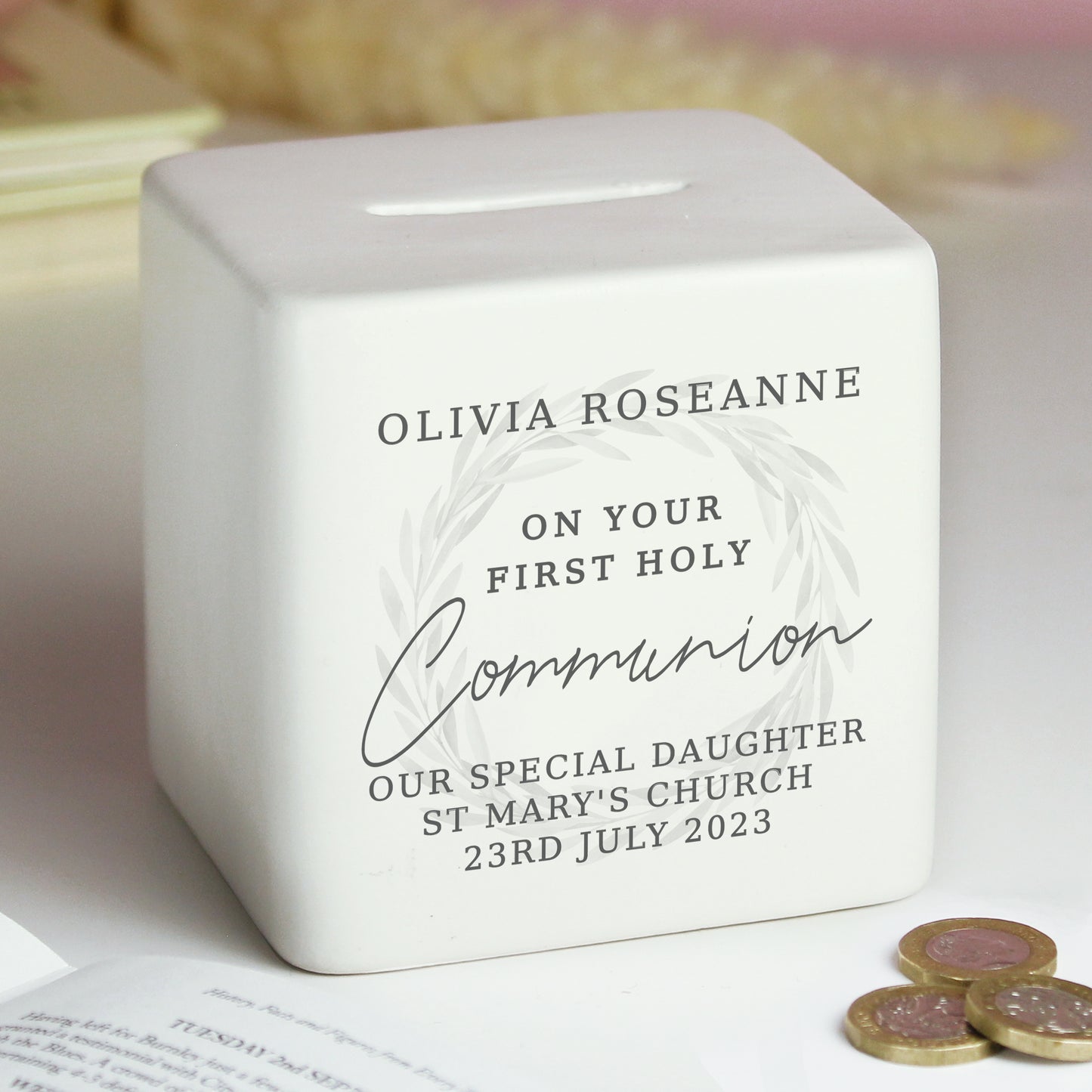 Personalised First Holy Communion Ceramic Square Money Box - MK&JD Gifts