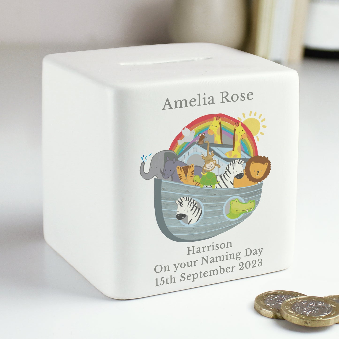 Personalised Noahs Ark Ceramic Square Money Box - MK&JD Gifts