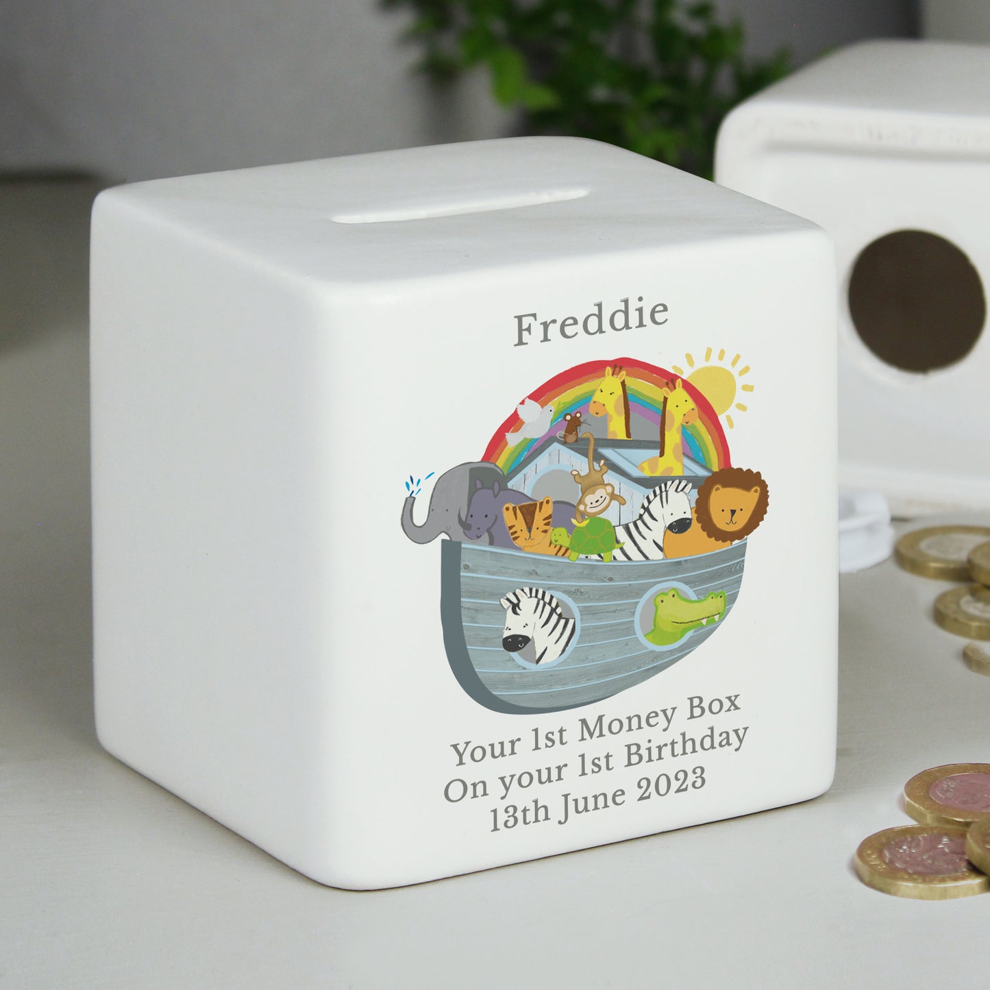 Personalised Noahs Ark Ceramic Square Money Box - MK&JD Gifts