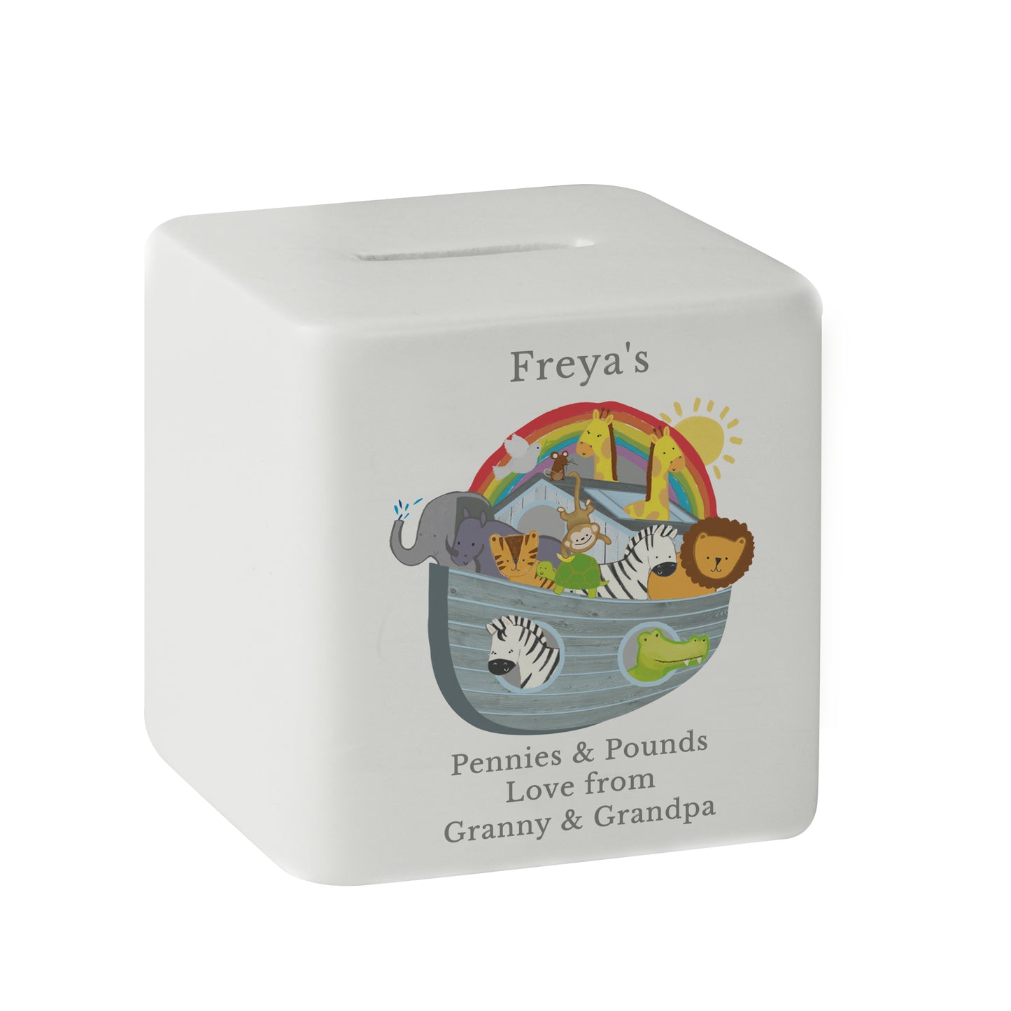 Personalised Noahs Ark Ceramic Square Money Box - MK&JD Gifts