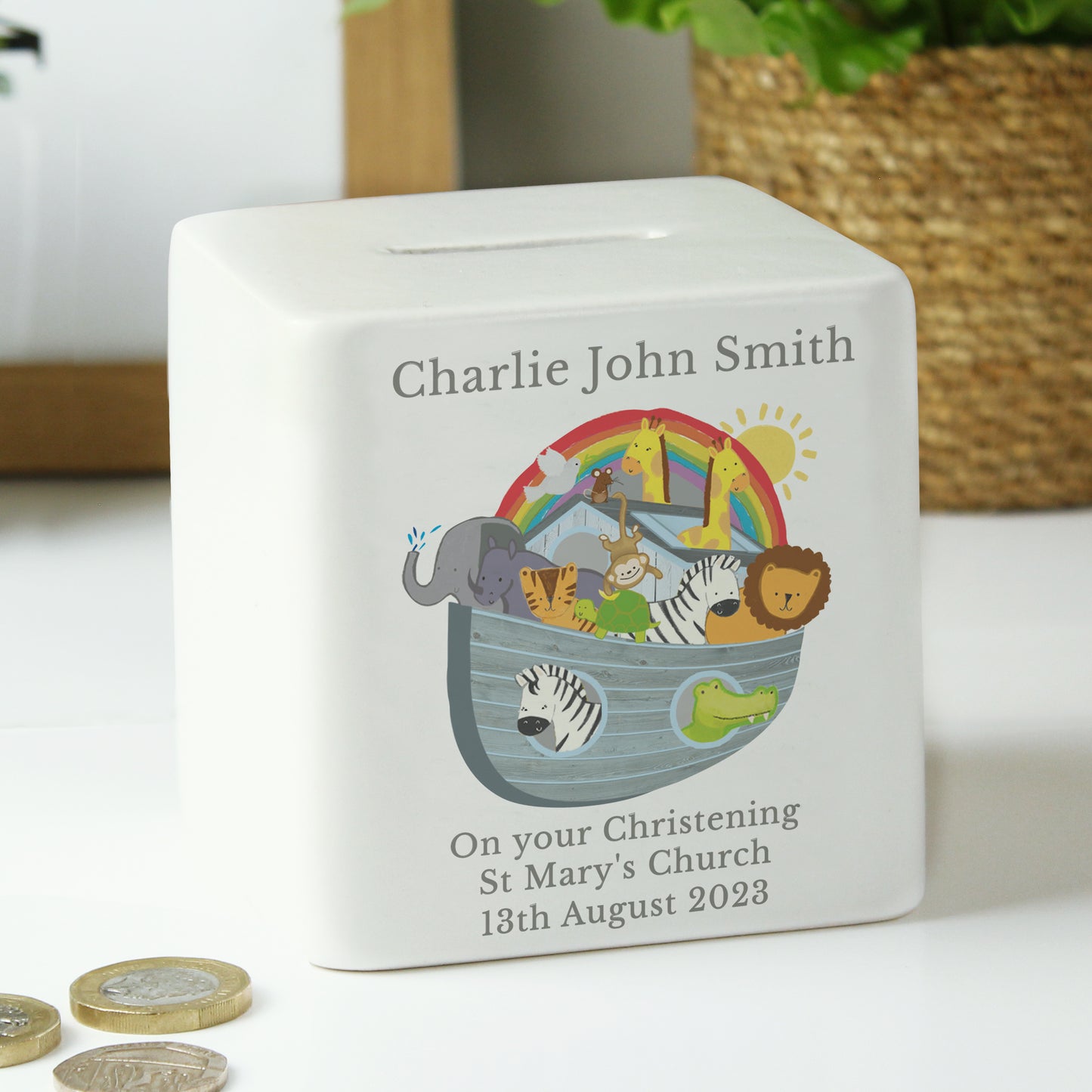 Personalised Noahs Ark Ceramic Square Money Box - MK&JD Gifts