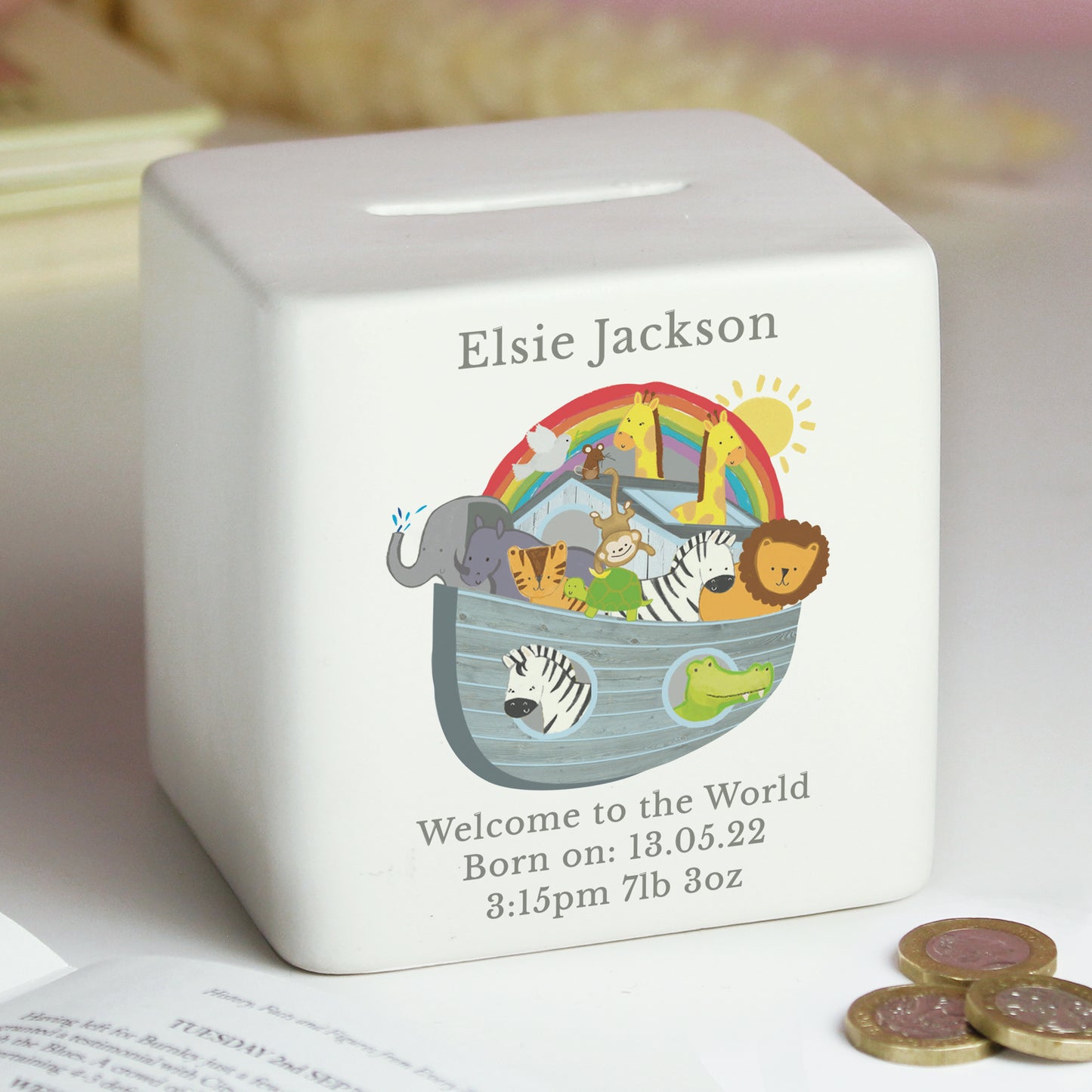 Personalised Noahs Ark Ceramic Square Money Box - MK&JD Gifts