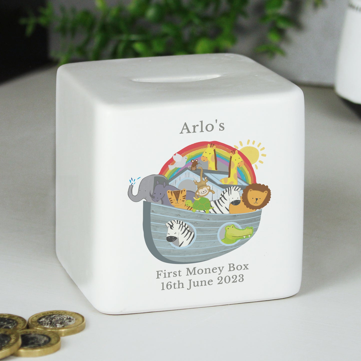 Personalised Noahs Ark Ceramic Square Money Box - MK&JD Gifts