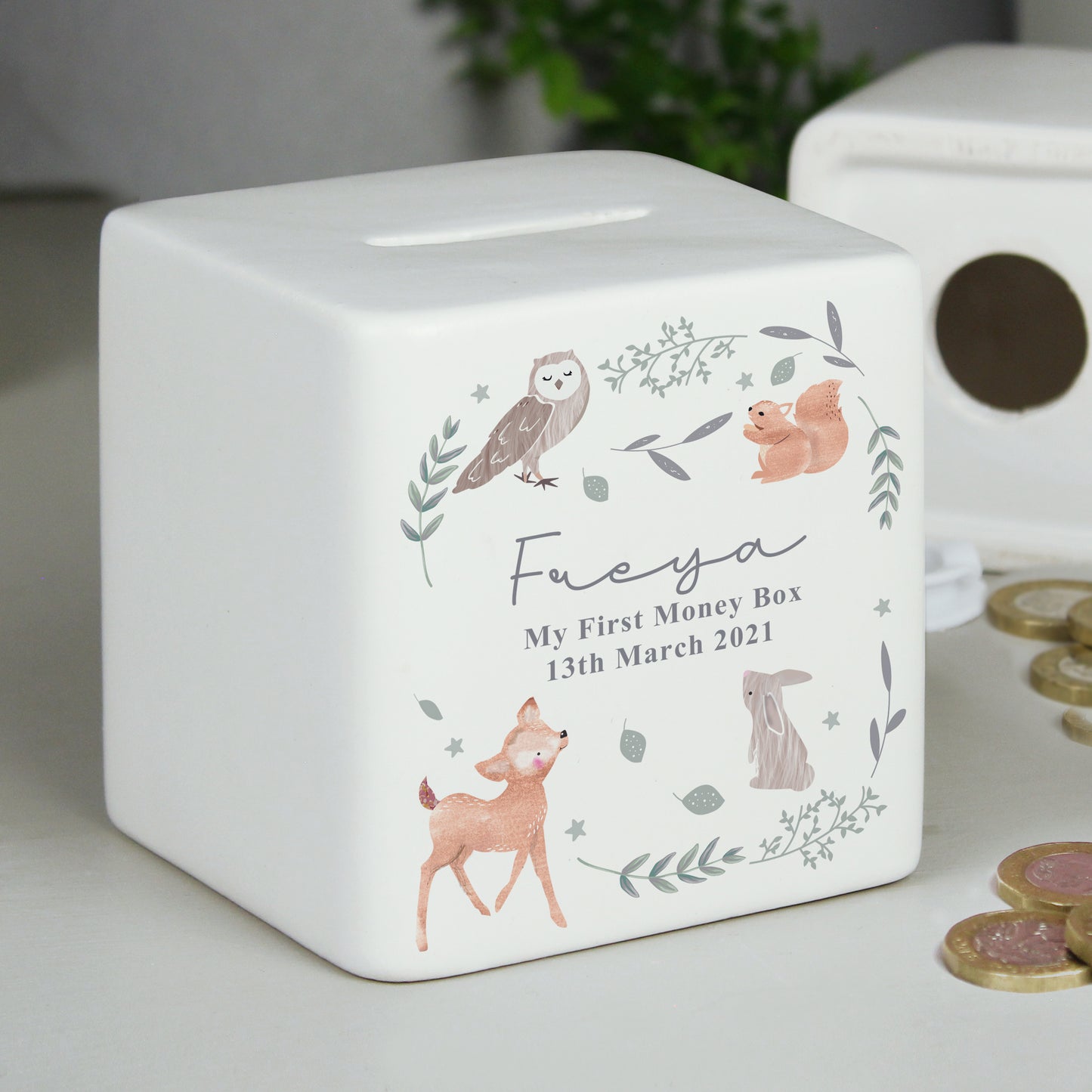 Personalised Woodland Animals Ceramic Square Money Box - MK&JD Gifts