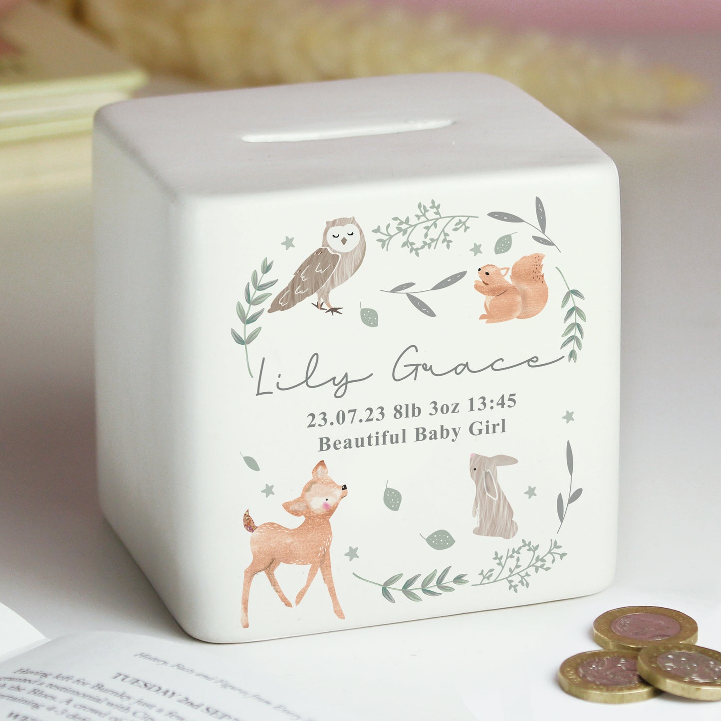 Personalised Woodland Animals Ceramic Square Money Box - MK&JD Gifts