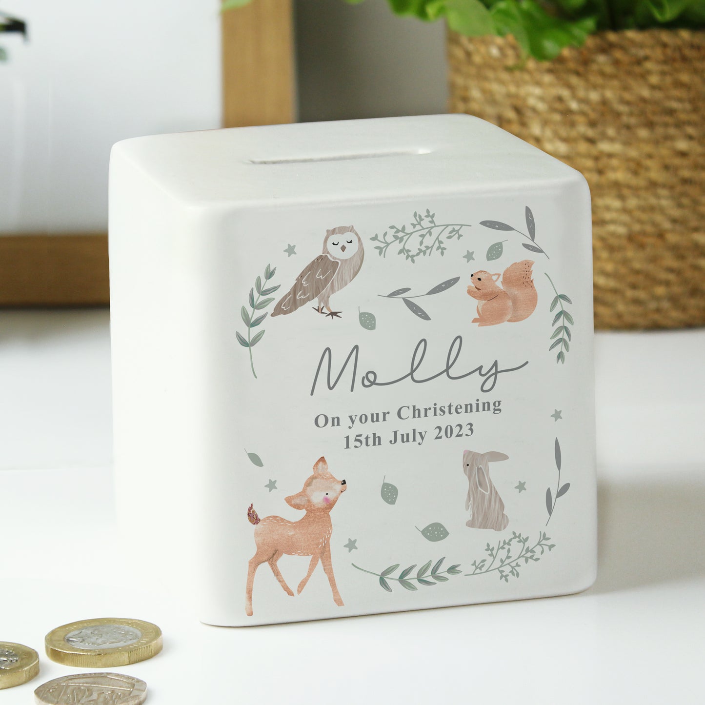 Personalised Woodland Animals Ceramic Square Money Box - MK&JD Gifts