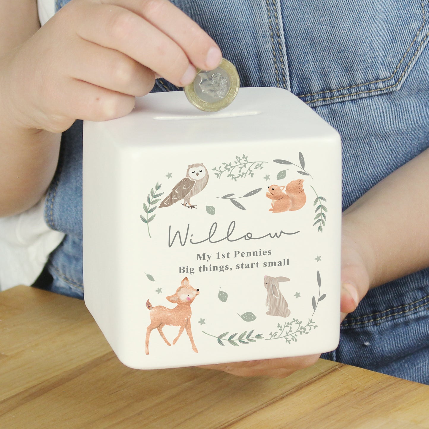Personalised Woodland Animals Ceramic Square Money Box - MK&JD Gifts