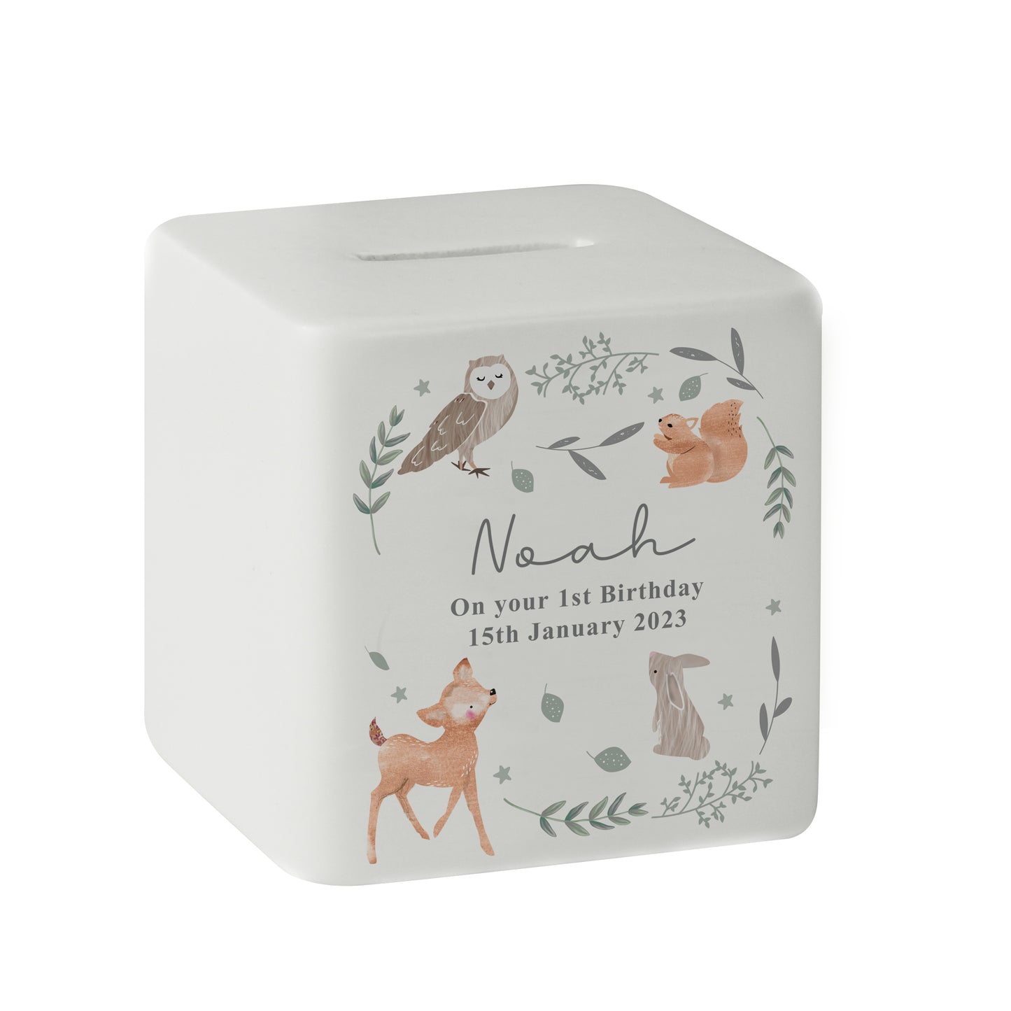 Personalised Woodland Animals Ceramic Square Money Box - MK&JD Gifts