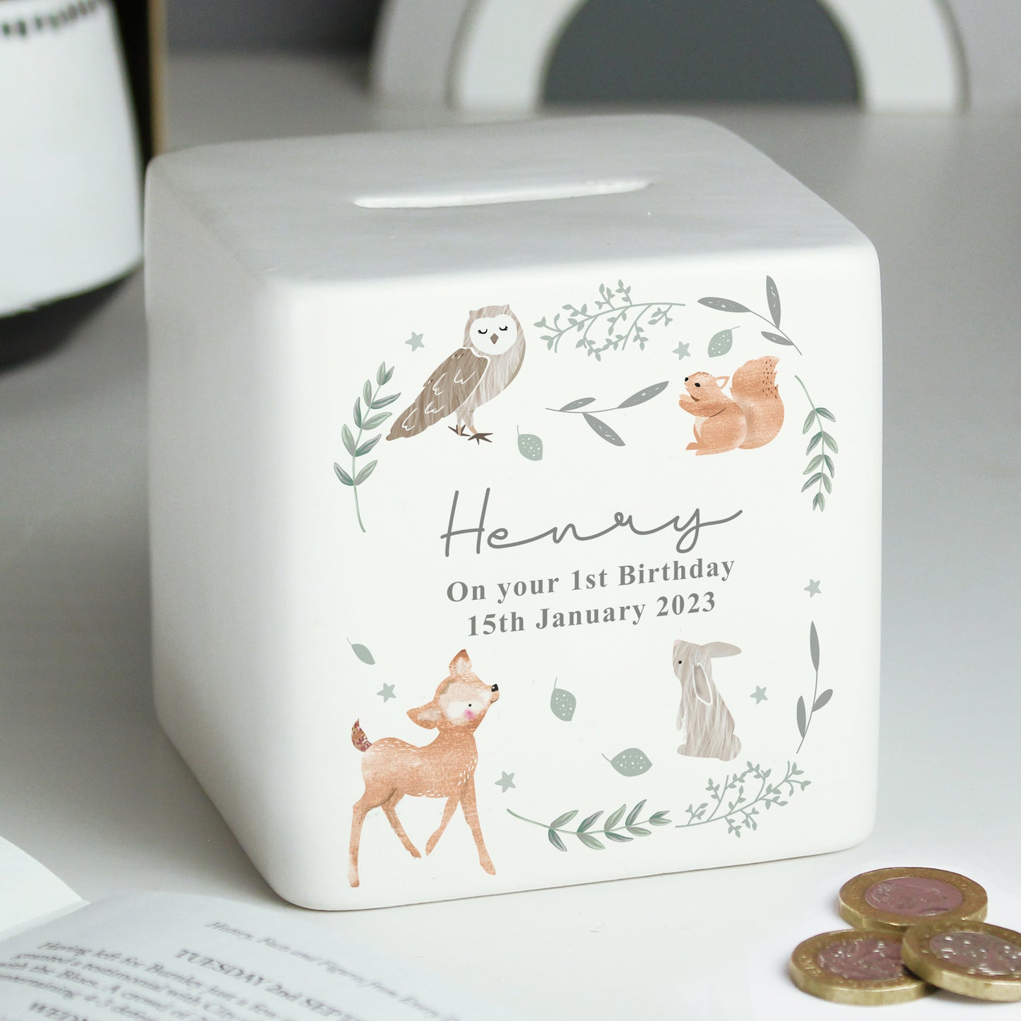 Personalised Woodland Animals Ceramic Square Money Box - MK&JD Gifts