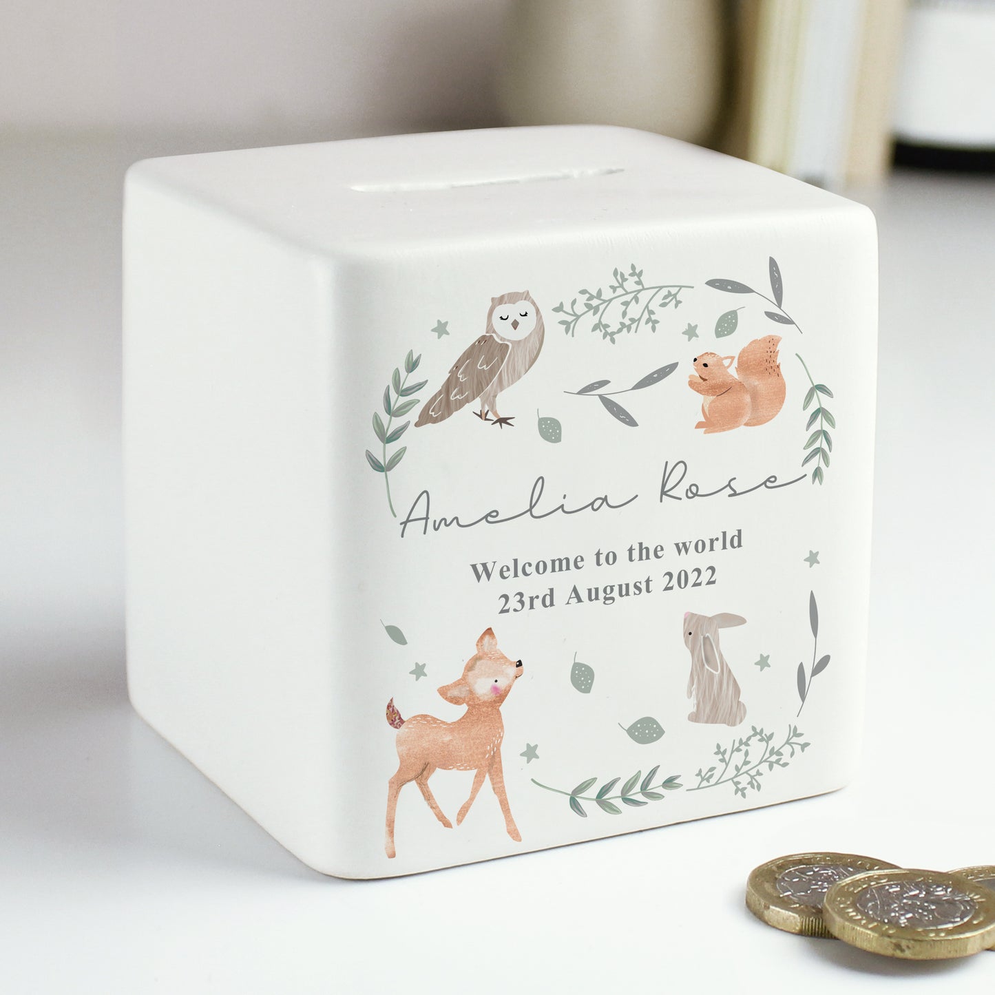 Personalised Woodland Animals Ceramic Square Money Box - MK&JD Gifts