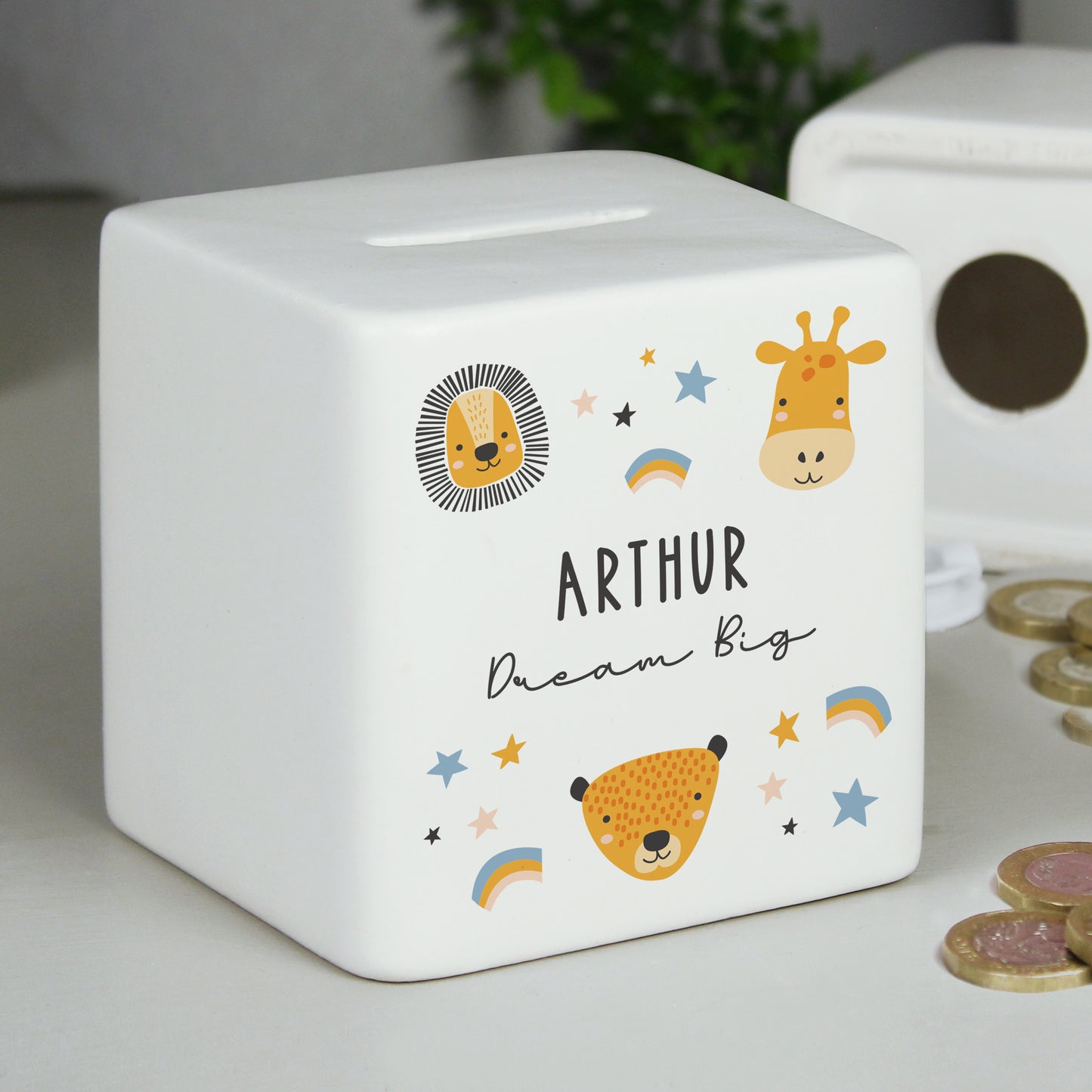 Personalised Scandi Safari Animals Ceramic Square Money Box - MK&JD Gifts