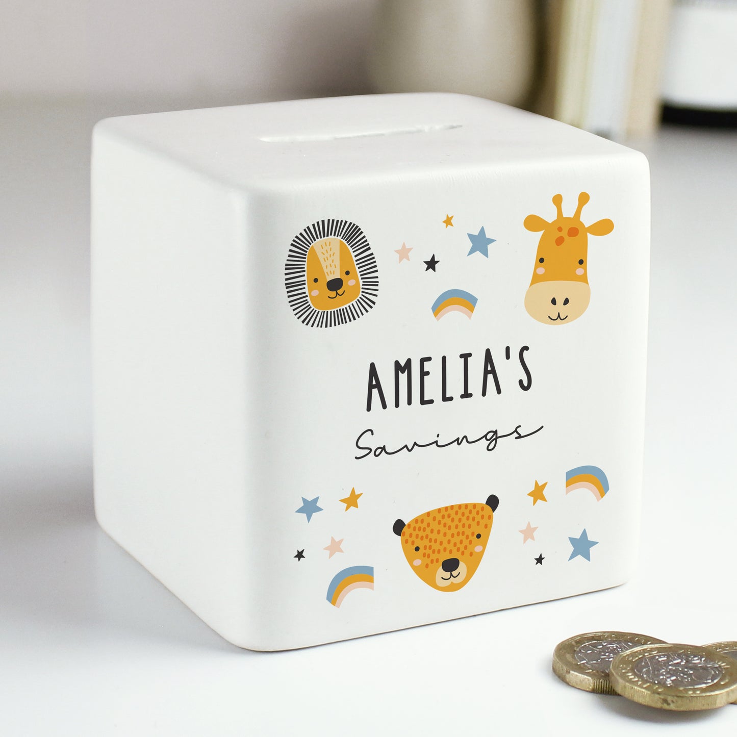 Personalised Scandi Safari Animals Ceramic Square Money Box - MK&JD Gifts