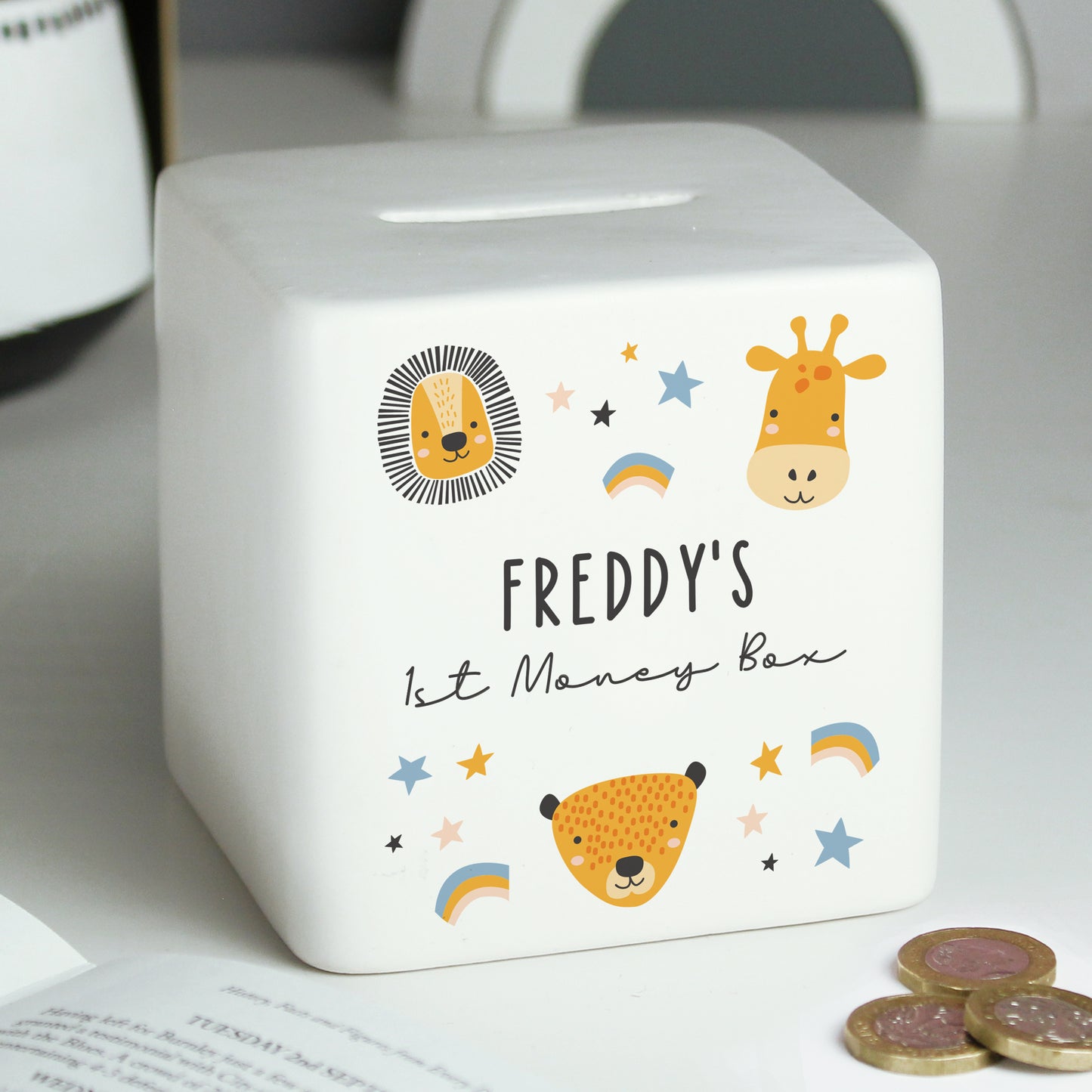 Personalised Scandi Safari Animals Ceramic Square Money Box - MK&JD Gifts