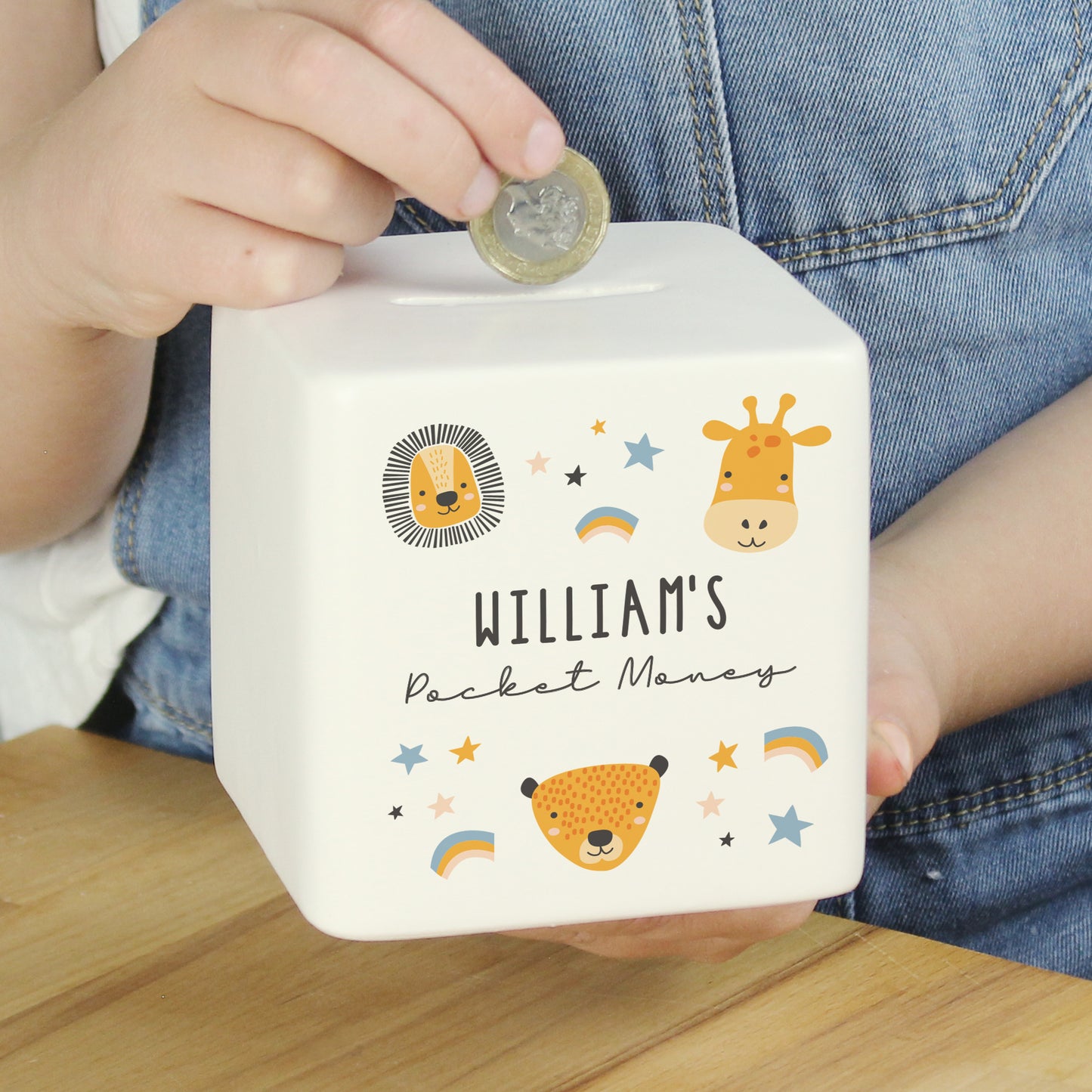 Personalised Scandi Safari Animals Ceramic Square Money Box - MK&JD Gifts