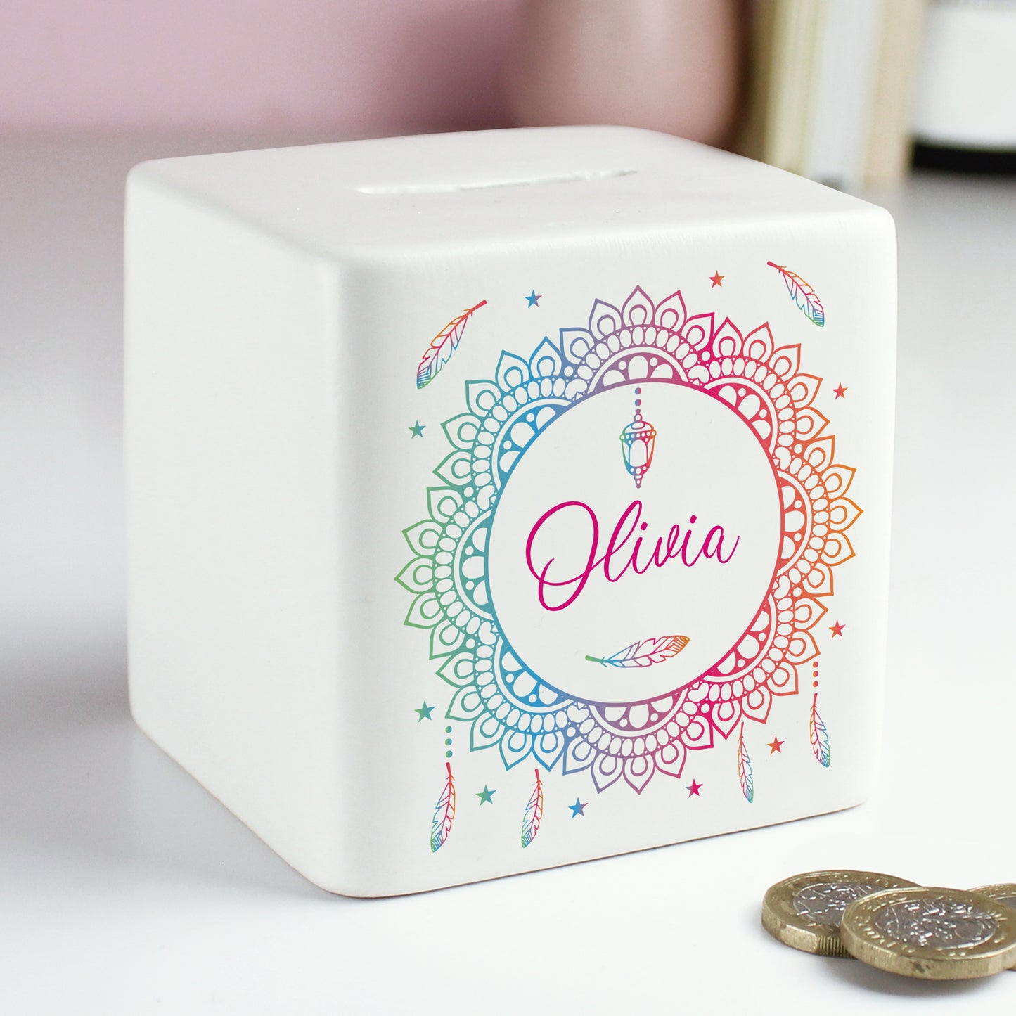Personalised Dreamcatcher Ceramic Square Money Box - MK&JD Gifts