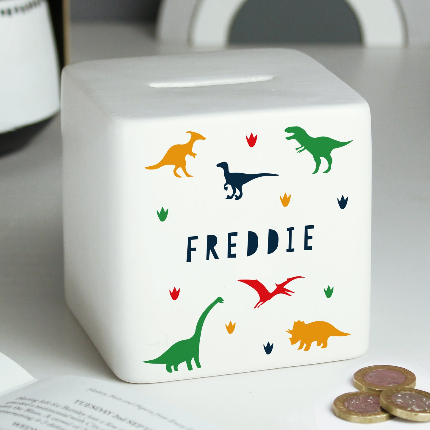 Personalised Dinosaur Ceramic Square Money Box - MK&JD Gifts