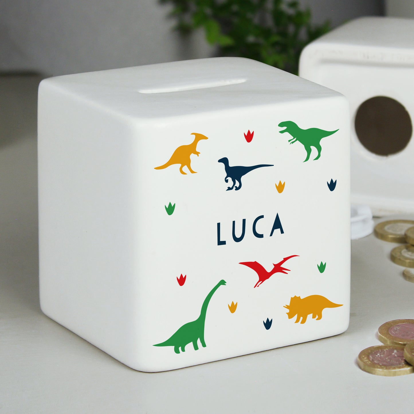Personalised Dinosaur Ceramic Square Money Box - MK&JD Gifts