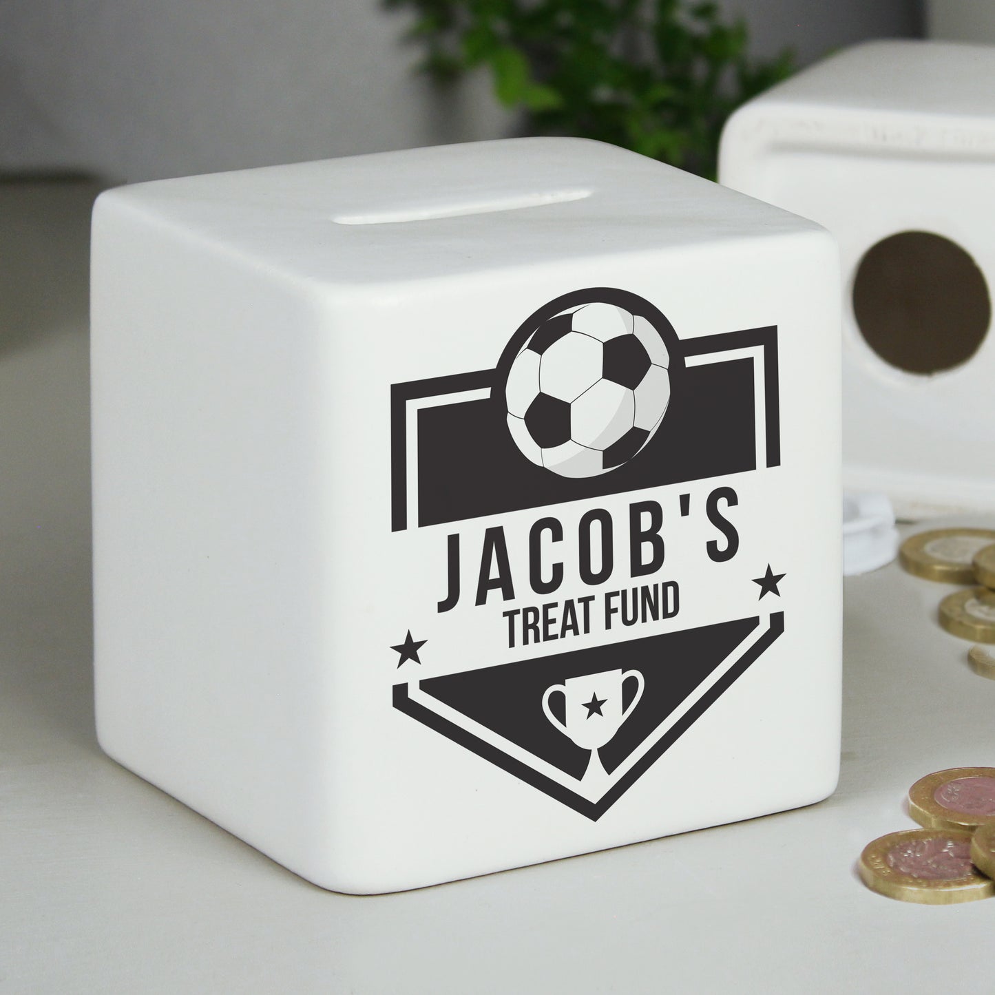 Personalised Football Badge Ceramic Square Money Box - MK&JD Gifts