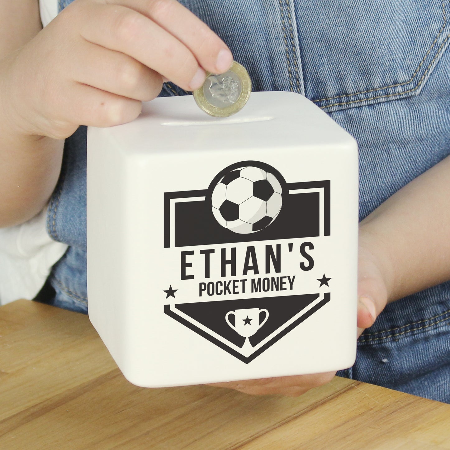 Personalised Football Badge Ceramic Square Money Box - MK&JD Gifts