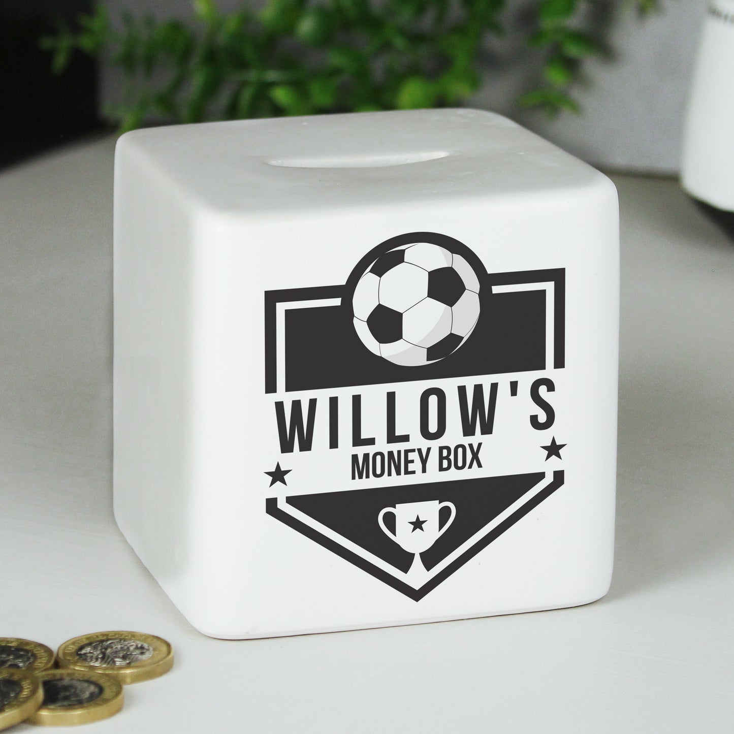 Personalised Football Badge Ceramic Square Money Box - MK&JD Gifts