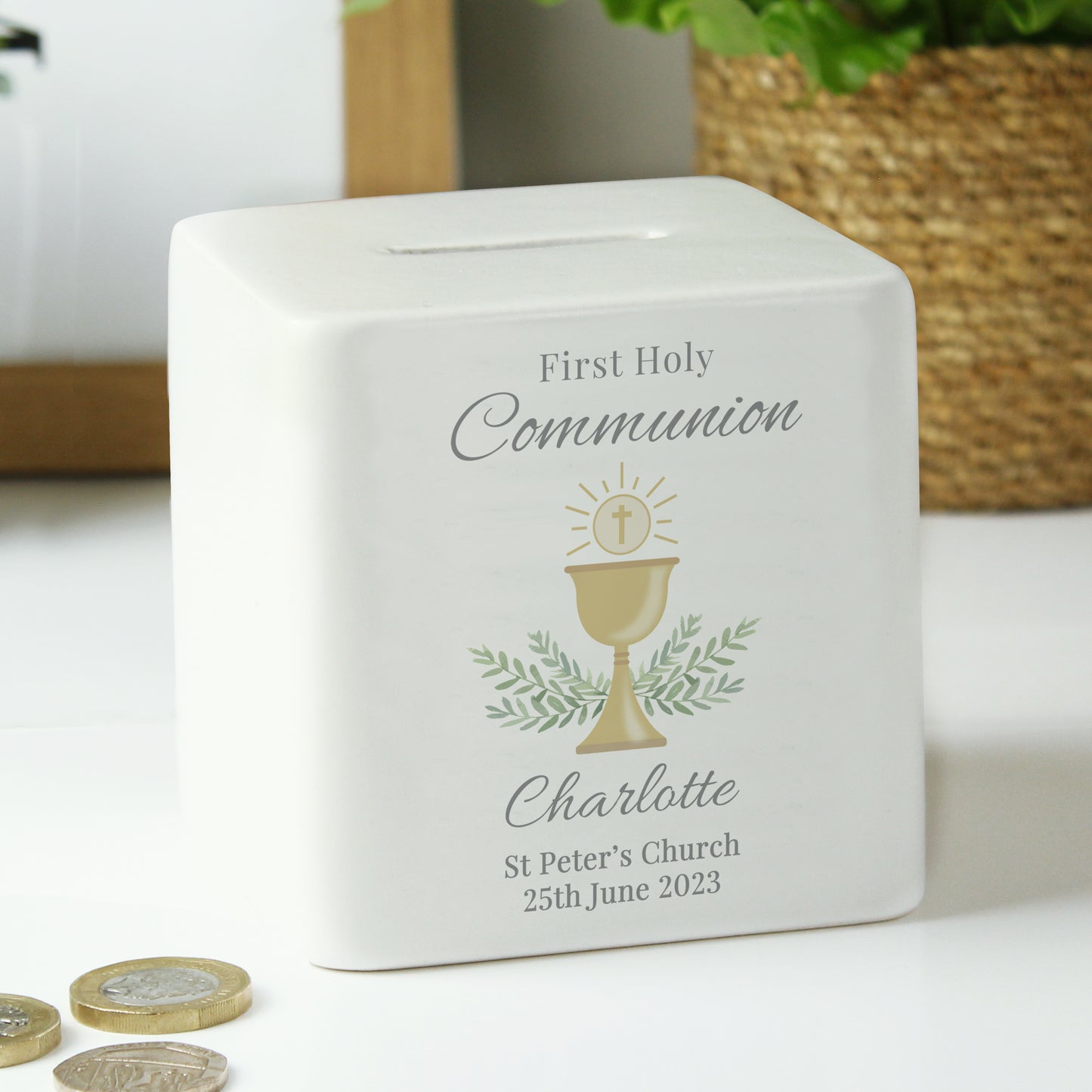 Personalised First Holy Communion Ceramic Square Money Box - MK&JD Gifts
