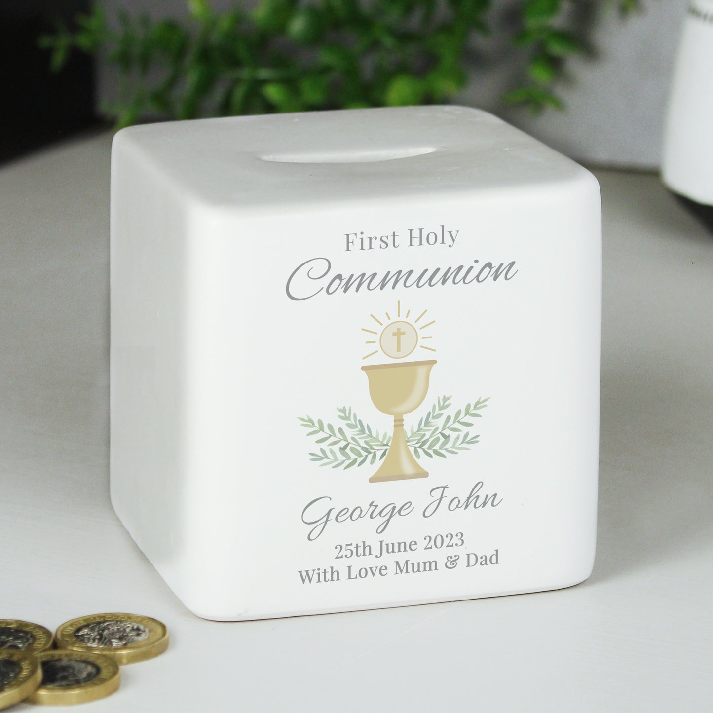 Personalised First Holy Communion Ceramic Square Money Box - MK&JD Gifts